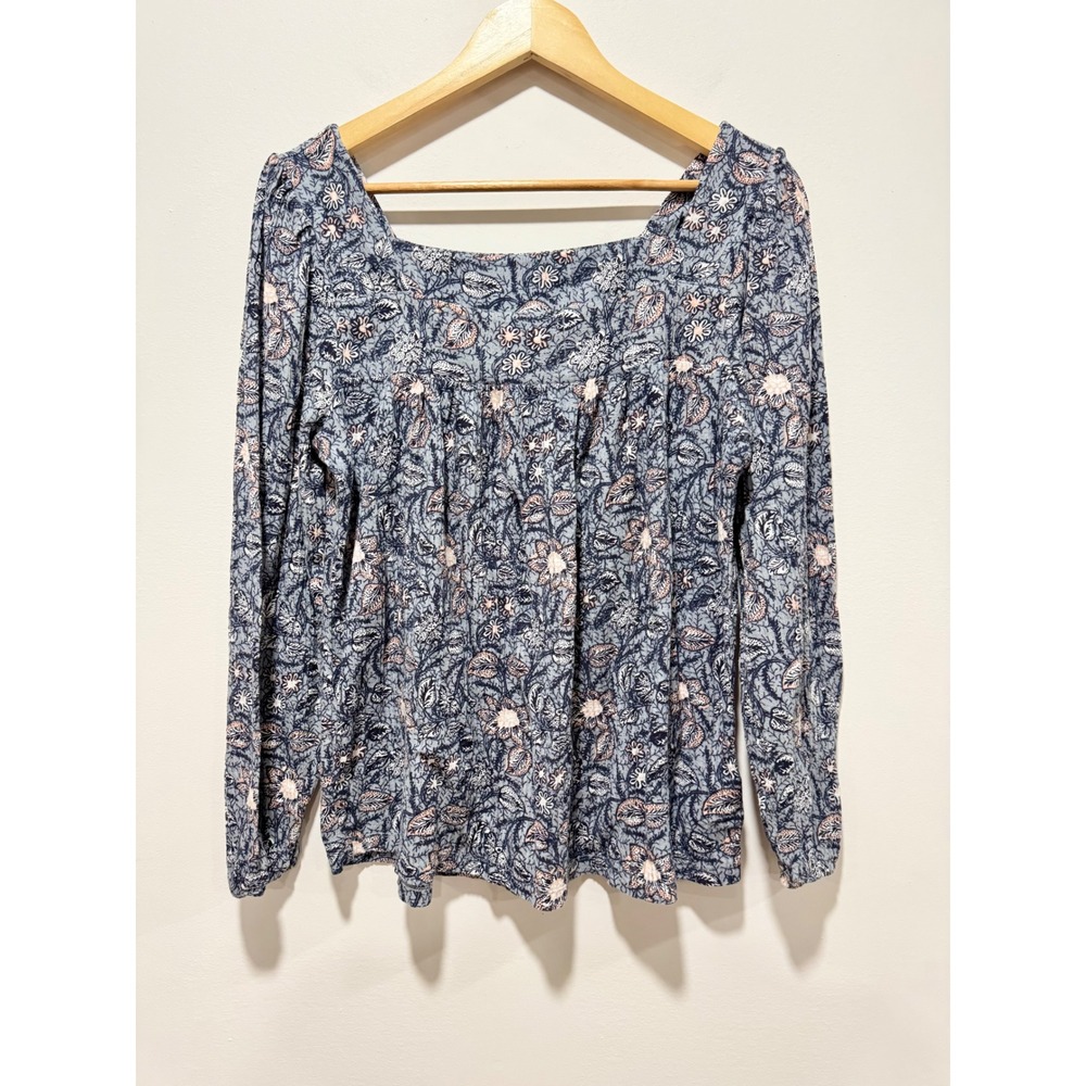 Lucky Brand Blue Floral Square Neck Long Sleeve Ribbed Knit Blouse Medium
